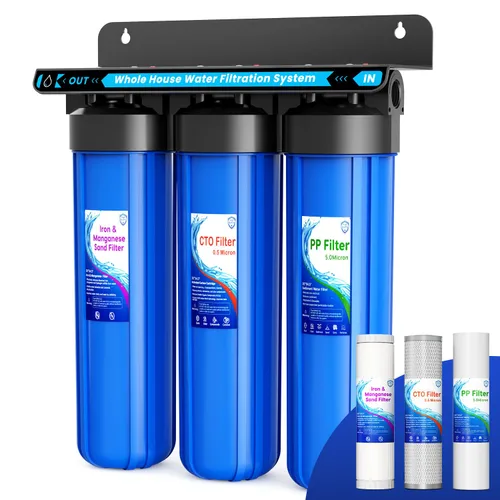 Sistema de filtro de agua para toda la casa, 3 etapas de eliminación de hierro y manganeso, filtro de 20 x 4.5 pulgadas, con filtro de sedimentos,