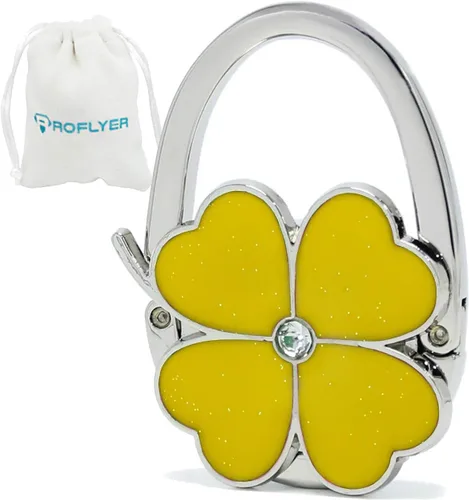 Vista 4 de Percha plegable para bolsa de mano con diseño de trébol de cuatro hojas, gancho para bolso plegable para mesa (negro)