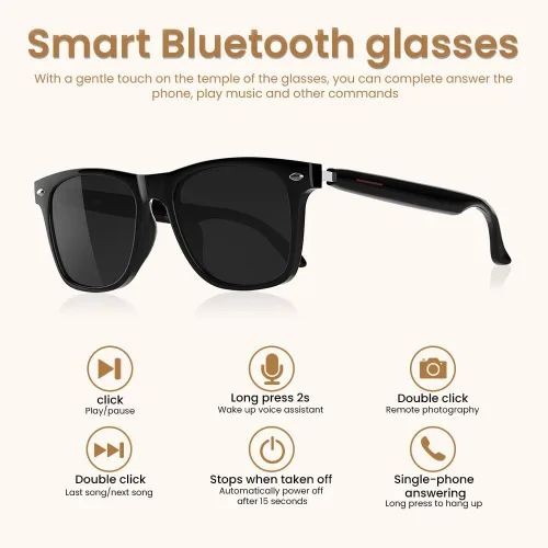 Vista 4 de Gafas inteligentes de audio Bluetooth para mujeres y hombres, lentes de sol polarizados con Bluetooth, altavoz de oreja abierta, control de voz