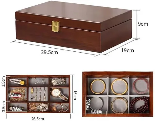 Vista 3 de Joyero de madera maciza para mujer, caja organizadora grande de 2 capas con espejo para anillos, aretes, collares, madera de estilo vintage