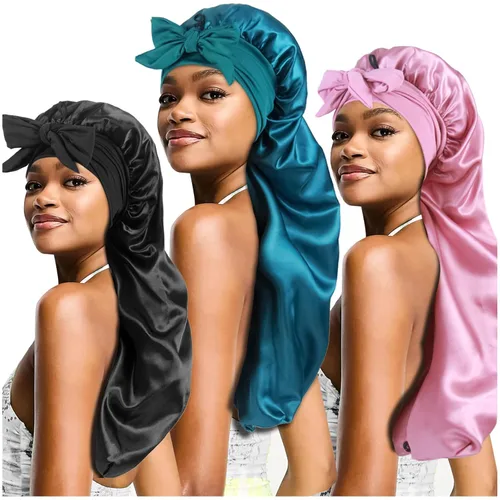 Vista 9 de 3 gorros largos de satén para trenzas, gorro de cabello sedoso grande con lazo para mujeres y cabello rizado para dormir, A