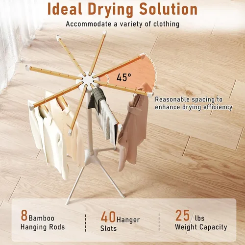 Vista 3 de Giantex Estante de secado de ropa de 4 patas, estante de secado de ropa plegable con 8 varillas de bambú para colgar, 40 ranuras para colgar y marco