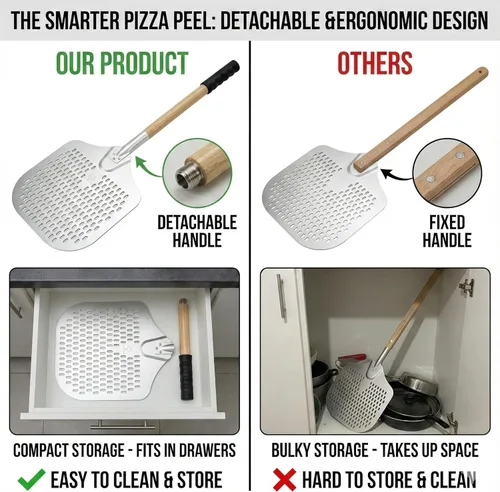 Vista 3 de Pala profesional de aluminio para pizza de 14 x 12 pulgadas con mango de madera de haya desmontable Paleta de pizza de metal antiadherente