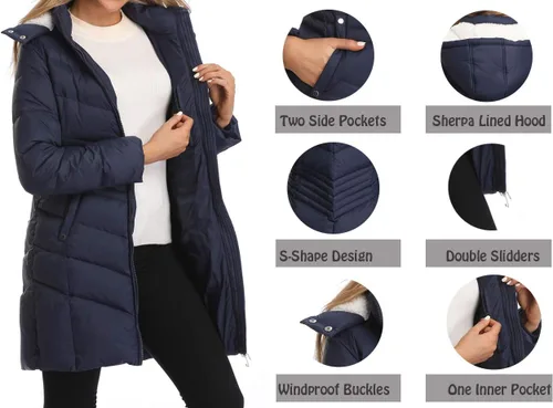 Vista 6 de Caistre Chaqueta de invierno con capucha gruesa para mujer, abrigos acolchados con bolsillos