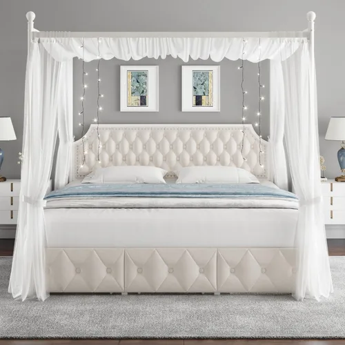 Vista 3 de Keyluv - Marco de cama con dosel tapizado tamaño King con 3 cajones y cabecera tapizada con botones, cama de plataforma metálica con 4 postes Beige