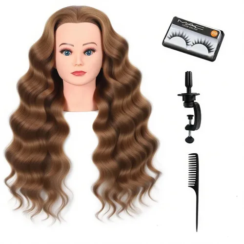 Vista 11 de Cabeza de maniquí con 80% de cabello humano para práctica de peinado, 66-71 cm de cabello liso, cabeza de entrenamiento para cosmetología, barbería