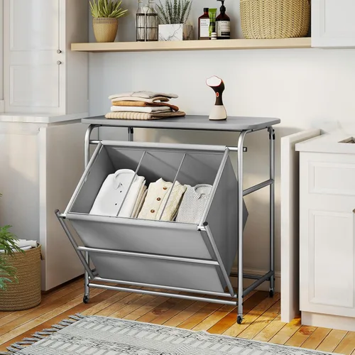 Vista 9 de COSTWAY Cesta de lavandería con tabla de planchar, carrito de lavandería con 3 secciones inclinables con 3 bolsas extraíbles separadas, ruedas