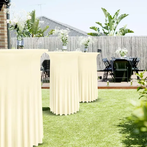 Vista 6 de Paquete de 4 manteles redondos para mesa de cóctel, de 32 x 43 pulgadas, de elastano, con cortinas onduladas, color beige, para mesa de boda, bar