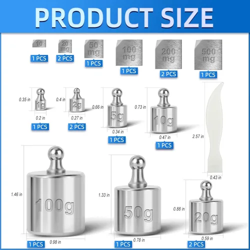 Vista 2 de MEANLIN MEASURE Juego de pesas de calibración de 17 piezas, 10 mg – 3.53 oz de acero de precisión, con pinzas y estuche para báscula digital