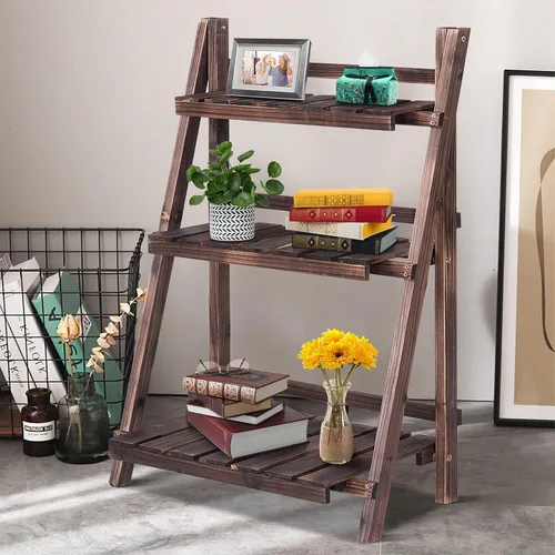 Vista 3 de Giantex 3 Tier Folding Wooden Plant Stand, Indoor Flower Pot Holder Display Rack, Free Installation Corner Plants Storage Shelf, Foldable Rustic