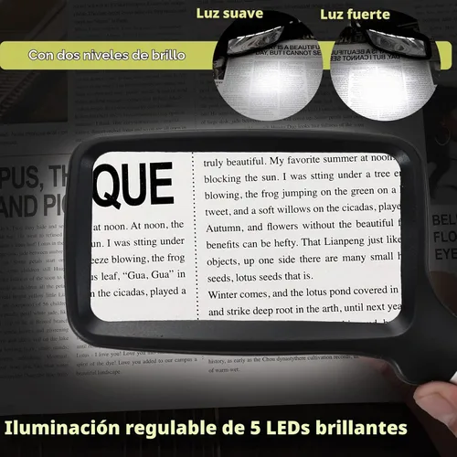 Vista 3 de Lupa de mano plegable con luz YUGYUJ, lupa iluminada de 3 aumentos con gran rectángulo y LED regulable para degeneración macular, lectura