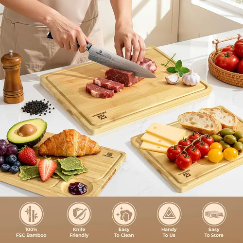 Vista 3 de Piklohas Juego de 4 tablas de cortar grandes de bambú para cocina, tabla de charcutería de bambú con soporte antideslizante, bandeja para servir