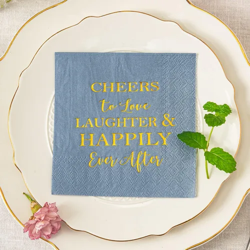 Vista 2 de Crisky Servilletas de despedida de soltera de color azul polvoriento, servilletas de cóctel desechables de papel de aluminio dorado, servilletas