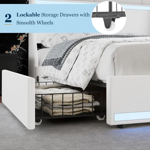 Vista 46 de VECELO Full Size Bed Frame with Storage Drawers, Upholstered Platform Bedframe with Wingback Headboard, No Box Spring Needed, Light Grey