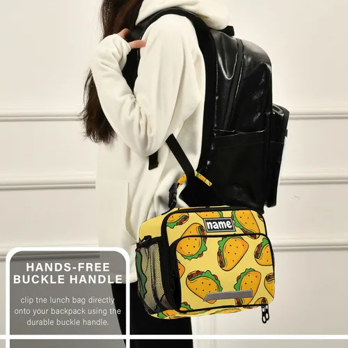 Vista 6 de Bolsa de almuerzo de comida rápida con patrón de tacos personalizada, con tu nombre, lonchera aislada para la escuela, picnic, viajes