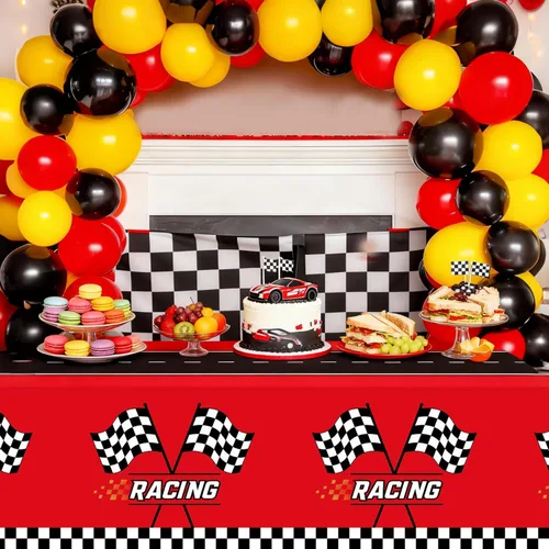Vista 4 de Oigco Paquete de 4 manteles rectangulares de auto de carreras, decoración de fiesta de cumpleaños de auto de carreras, mantel rectangular a cuadros