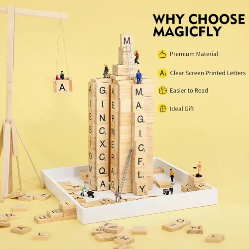 Vista 2 de Magicfly 500 azulejos de letras, azulejos de madera Scrabble para manualidades, letras de madera de la A a la Z para manualidades, ortografía, juego