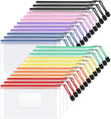 Vista 10 de Sooez 24 Pack Super Large Mesh Zipper Pouch Bags, A3 (16.5×11.7 in) Storage Bags with Label Pocket, Reusable Zipper Pouches for Classroom