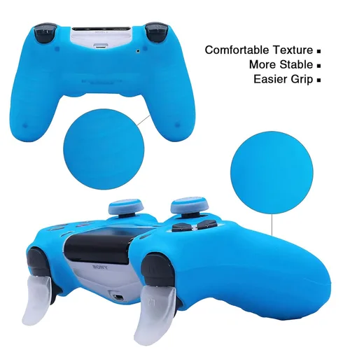 Vista 4 de Funda protectora de silicona azul que brilla en la oscuridad, compatible con controlador PS4SlimPro con 8 tapas de agarre para el pulgar que brillan
