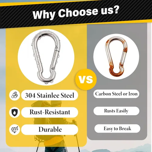 Vista 3 de Cyfie Mosquetón de acero inoxidable 304, 4 paquetes de 2 3/4 pulgadas, ganchos de resorte resistentes para hamacas, columpios, camping, senderismo