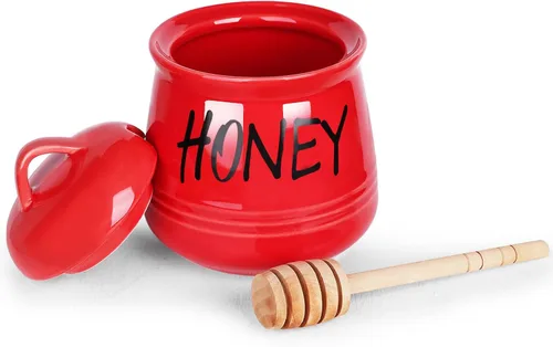 Vista 9 de HAOTOP Tarro de Miel de Porcelana con Tapa y Dipper de Miel 12 oz (Rojo)