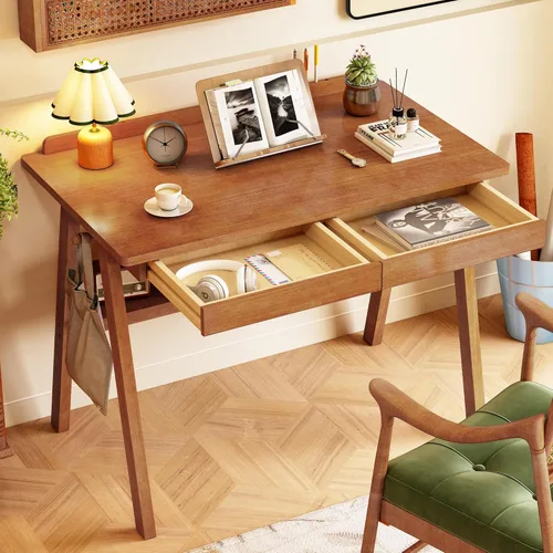 Vista 2 de Escritorio 100% de madera maciza con cajones y estante de almacenamiento, escritorios modernos de mediados de siglo de 40 x 24 pulgadas, escritorio