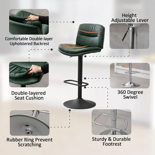 Vista 19 de Juego de 3 taburetes de bar giratorios tapizados de doble capa con respaldo, taburete de bar ajustable de 24 a 32 pulgadas, taburetes de bar de piel