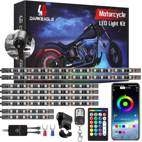 Vista 13 de 8 kits de luces LED RGB segmentadas para motocicleta con control remoto APP/RF, luces subterráneas multicolor con señal de giro de freno, tira