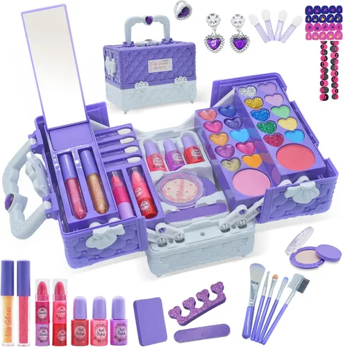 Juegos de maquillaje para niñas – 52 piezas de maquillaje seguro y lavable para niños, kit de maquillaje real para niños pequeños con estuche de