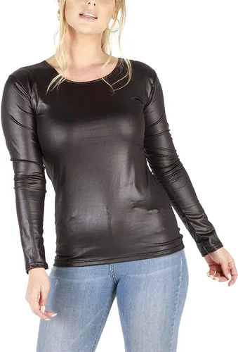 Camiseta de manga larga con aspecto mojado de PVC, de piel sintética, para mujer, sexy, color negro