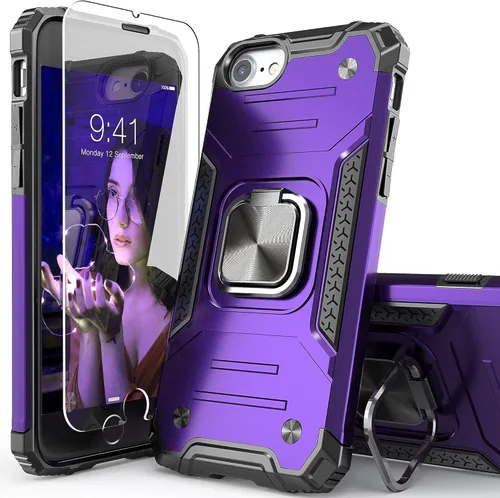 Vista 10 de Funda para iPhone SE 2020 con protector de pantalla, a prueba de golpes, con soporte de automóvil, ligera, funda protectora para iPhone 6/6s/7/8/SE