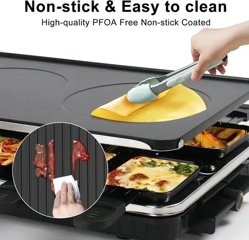 Vista 4 de Parrilla de Mesa Raclette, Parrilla Interior para Barbacoa Coreana Eléctrica Plancha Eléctrica 2 en 1 Antiadherente con 8 Bandejas para Queso