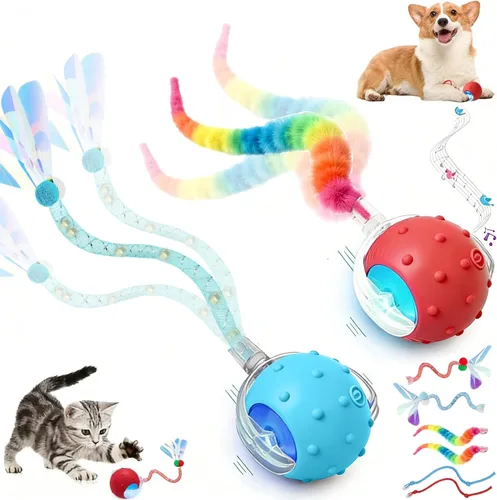 2PCS Interactive Cat Toys for Indoor Cats with 6 Tails, Automatic Cat Toy Fast Rolling on Carpet/ Wooden Floor/ Tiles, Rechargeable Kitten Toys for