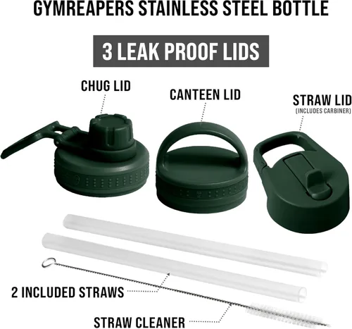 Vista 5 de Gymreapers Botella de agua aislada - Acero inoxidable 32 oz, 3 tapas (pajita, trago, cantimplora), aislamiento al vacío de doble pared, taza térmica