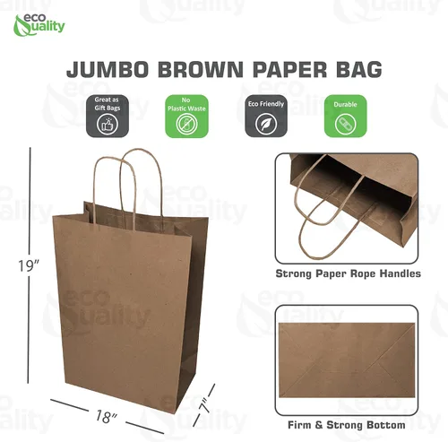 Vista 3 de EcoQuality - 18 x 7 x 19 pulgadas - 100 bolsas de papel kraft marrón extragrande con asas, compras, bolsas de regalo, fiesta, mercancía, bolsas
