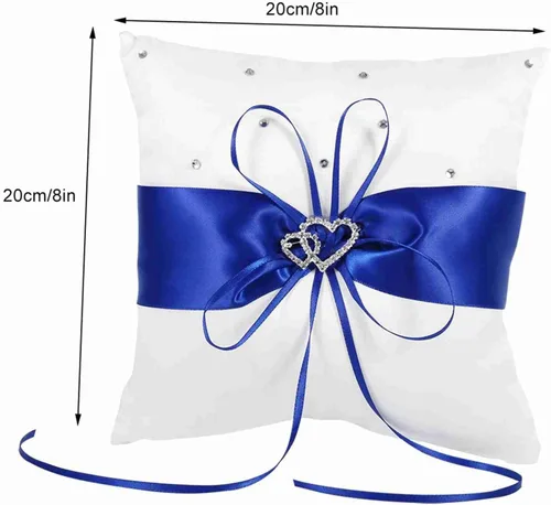 Vista 2 de Tyenaza Almohada portadora de anillo, almohada de anillo de boda de 7.8 pulgadas, soporte para anillo azul real, cojín de doble corazón