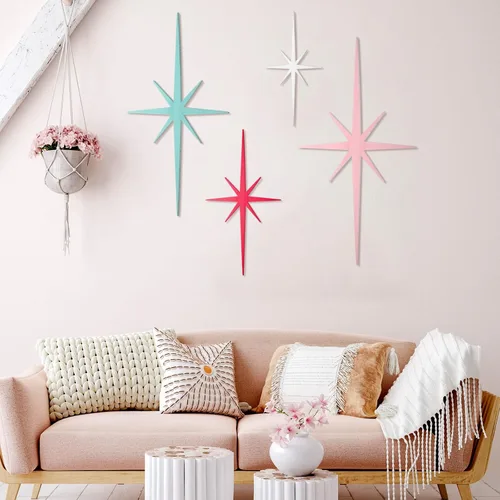 Vista 4 de Blulu 4 piezas de hierro fundido con forma de estrella de metal de mediados de siglo, decoración moderna retro con estrellas atómicas, decoración