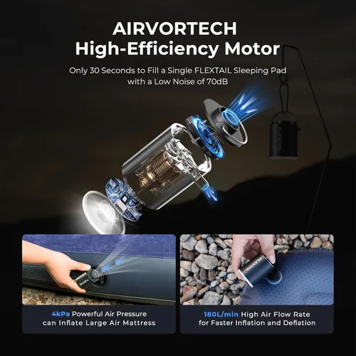 Vista 4 de FLEXTAILGEAR Bomba de aire 4kPa para inflables, bomba de colchón de aire portátil, mini bomba de aire de campamento, entrada/desinflación rápida