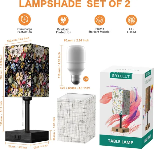 Vista 3 de Lámparas de mesa para dormitorio, pequeña lámpara de mesita de noche con puerto USB y tomas, luces decorativas de flores para sala de estar