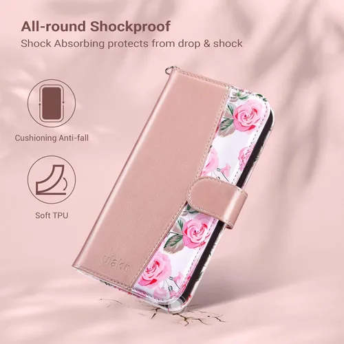Vista 5 de ULAK Funda tipo cartera compatible con iPhone 14 para mujer, de piel sintética, diseño floral, con tarjetero y función atril, funda protectora tipo
