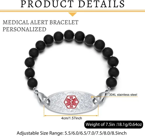 Vista 2 de Pulseras personalizadas de alerta médica para mujer, grabado gratis, pulsera de identificación médica de acero inoxidable para mujer