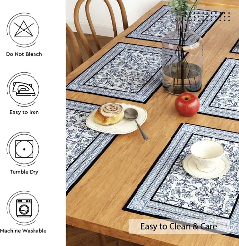 Vista 6 de Encasa XO Juego de 6 manteles individuales de lona de algodón con estampado de bloques índigo-02, 18 x 13 pulgadas, estampado a mano de Jaipur