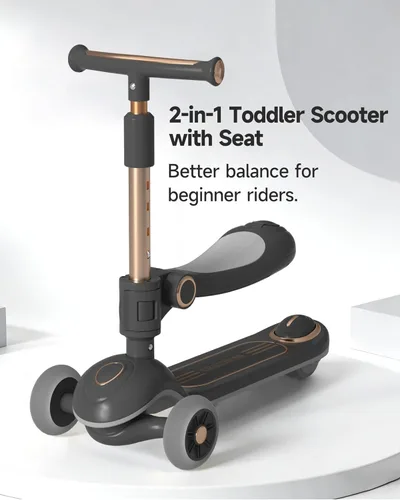 Vista 2 de 2-in-1 Toddler Scooter with Removable Seat, 3 Wheel Kids Scooter with Lean-to-Steer, Adjustable Handlebars, Wide Anti-Slip Deck, LED Light-Up Wheels