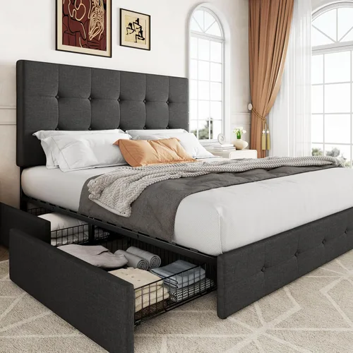 Vista 23 de Allewie - Base de cama con plataforma tapizada tamaño Queen, con 4 cajones de almacenamiento y cabecera, botón cosido en forma de diamante, base