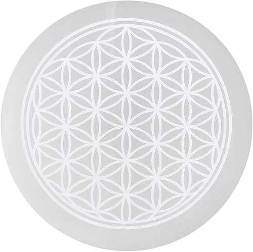 Vista 18 de Placa de carga de selenita con diseño de cubo de metatrón, cargador de cristal curativo grabado de 4 pulgadas Posavasos redondo de disco