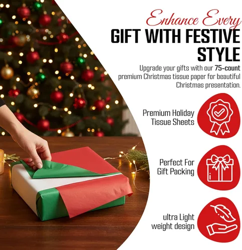 Vista 3 de Iconikal Surtido de 75 hojas de papel de seda navideño, 20 x 20 pulgadas, 25 de cada uno: envoltura navideña roja, verde y blanca