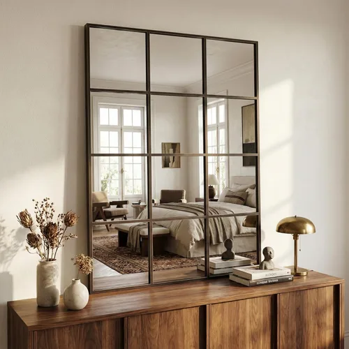 Vista 29 de Suidia Espejo de pared, espejos decorativos de ventana de 24 x 36 pulgadas, marco de metal, decoración de pared para dormitorio, sala de estar, Negro