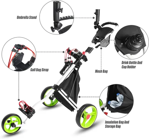 Vista 3 de Carrito de golf para empujar, carrito de golf plegable para palos de golf, carrito de golf de 3 ruedas para bolsa de golf, carritos de golf