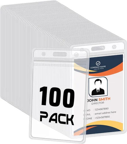 Paquete de 100 soportes verticales para tarjetas de identificación, de plástico transparente, impermeable, resellable para oficina, profesores