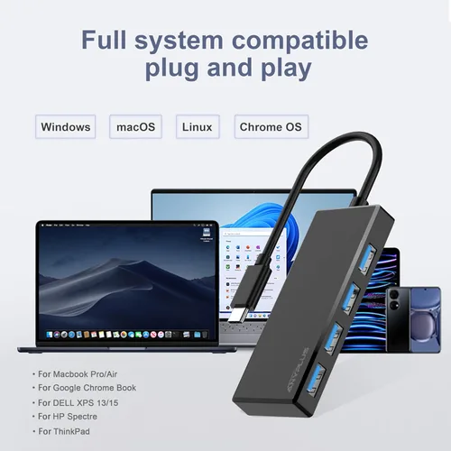 Vista 4 de Hub USB C, divisor USB 3.0 de 4 puertos con transferencia de datos de 5Gbps, divisor USB C para MacBook tipo C, Mac Pro, iMac, Surface, XPS, unidad